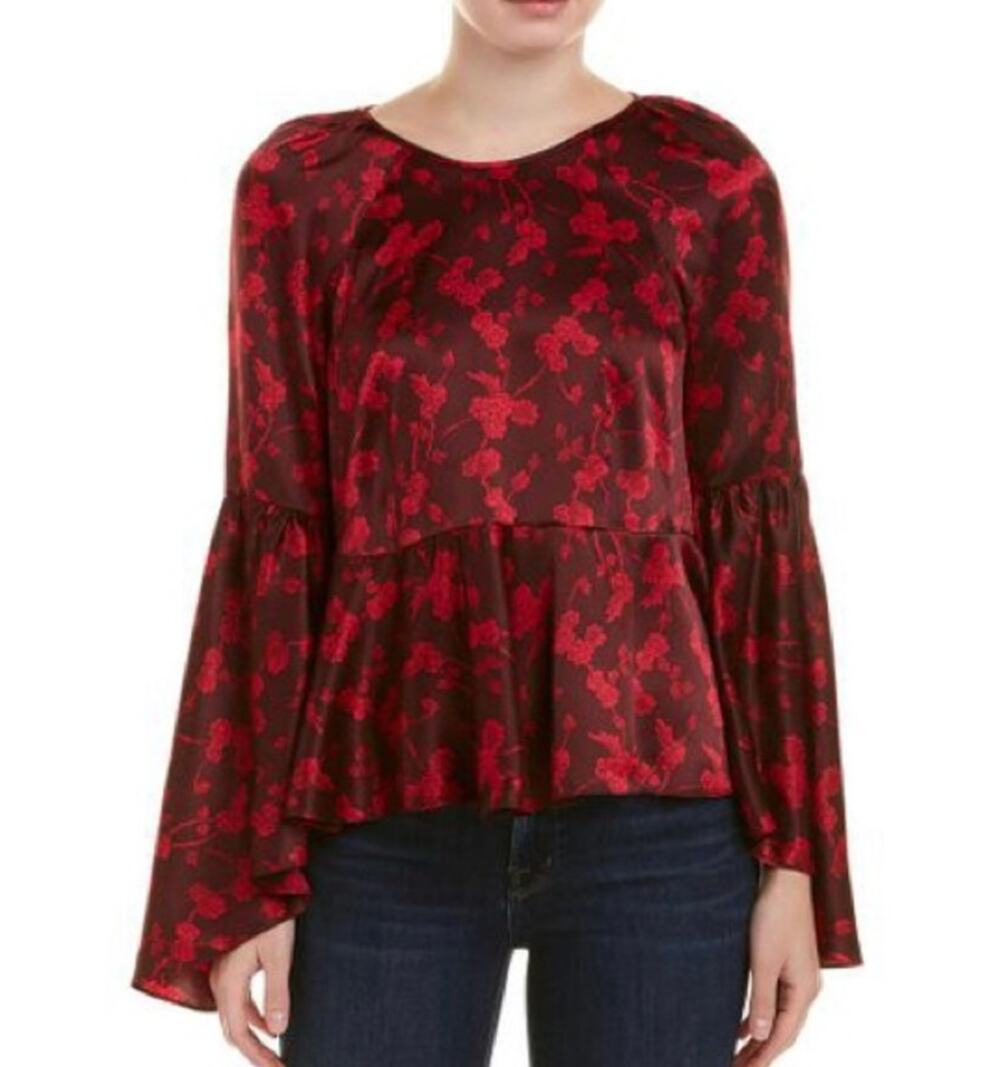 Cinq a Sept 100% Silk Floral Peplum Blouse Bell Sleeve Romantic Holiday Top S